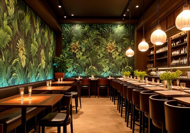 Ristorante di design con pareti decorate con carta da parati a tema giungla.